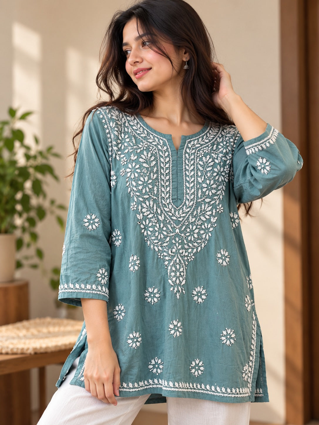 Women's Dusty Teal Cotton Chikankari Thread Embroidered A-Line Kurti