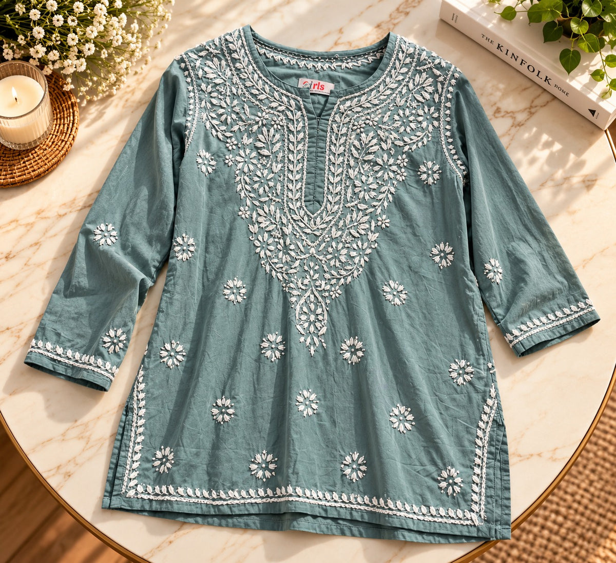 Women's Dusty Teal Cotton Chikankari Thread Embroidered A-Line Kurti