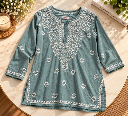 Women's Dusty Teal Cotton Chikankari Thread Embroidered A-Line Kurti