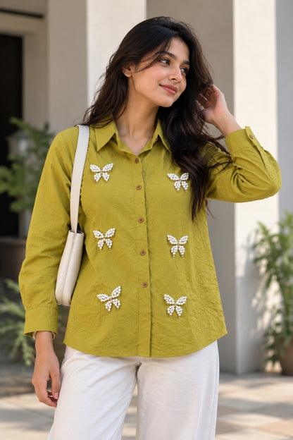 Women's Olive Mustard Crinkle Shirt with 3D Organza Butterfly Appliques
