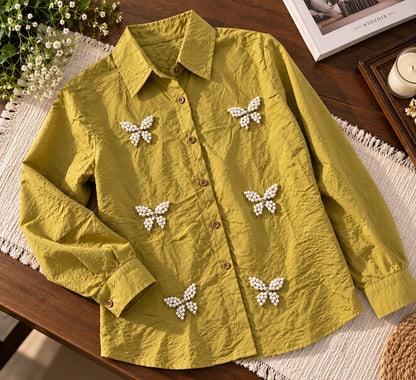 Women's Olive Mustard Crinkle Shirt with 3D Organza Butterfly Appliques