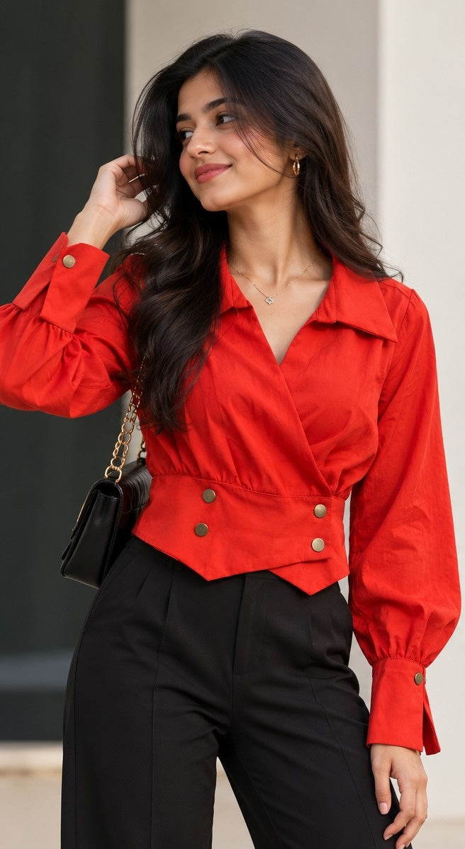 Women's Crimson Red Ruched Peplum Wrap Blouse with Balloon Sleeves