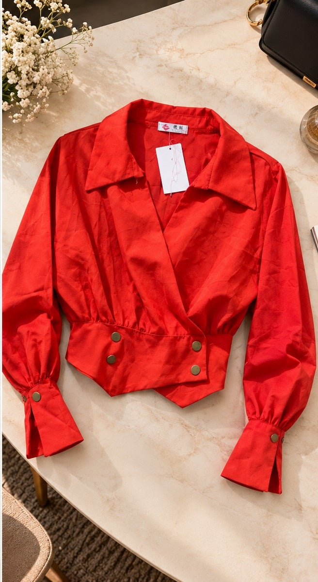 Women's Crimson Red Ruched Peplum Wrap Blouse with Balloon Sleeves