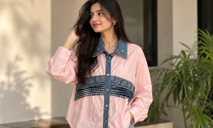 Women's Blush Pink Button-Down Shirt with Washed Denim Western Yoke