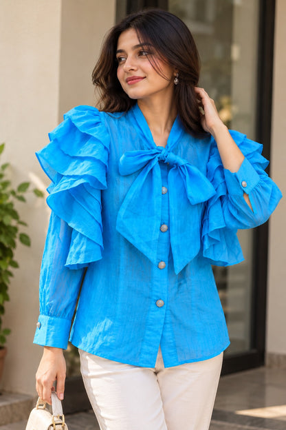 Women's Sky Blue Tiered Ruffle Shoulder Blouse with Pussybow Neck Tie