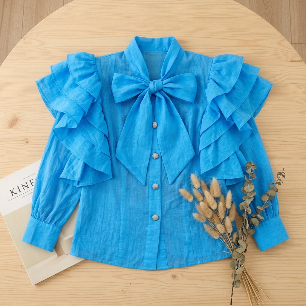 Women's Sky Blue Tiered Ruffle Shoulder Blouse with Pussybow Neck Tie
