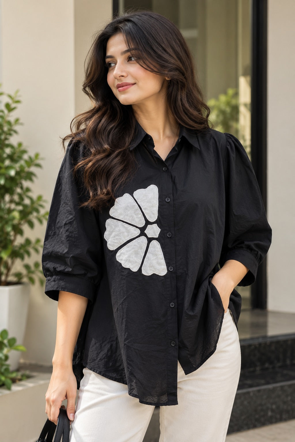Women's Black Half-Sleeve Shirt with Oversized White Daisy Floral Cutout