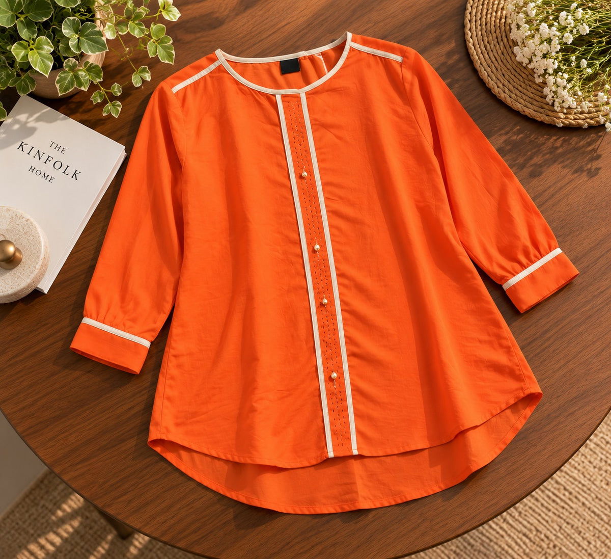 Women's Mandarin Orange Longline Blouse with White Contrast Piping