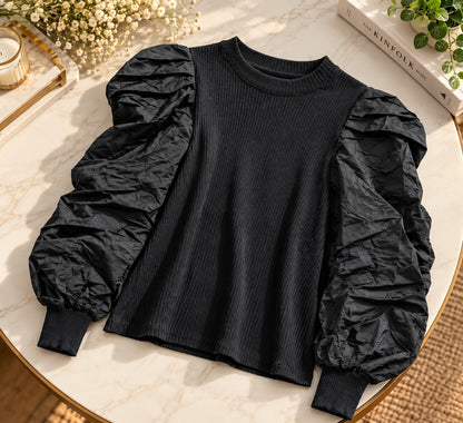 Women's Black Ribbed Knit Crewneck Top with Ruched Statement Puff Sleeves