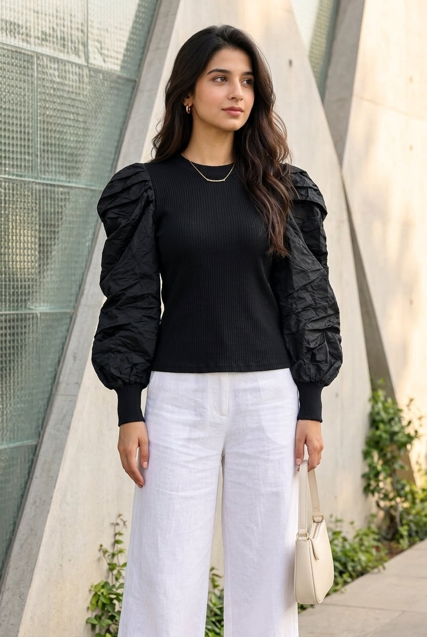Women's Black Ribbed Knit Crewneck Top with Ruched Statement Puff Sleeves