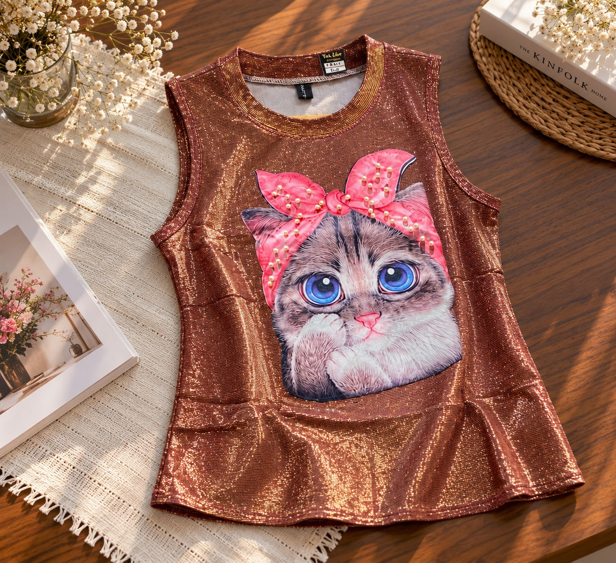 Women's Bronze Shimmer Metallic Knit Tank Top with Kitten & Pink Bow Graphic