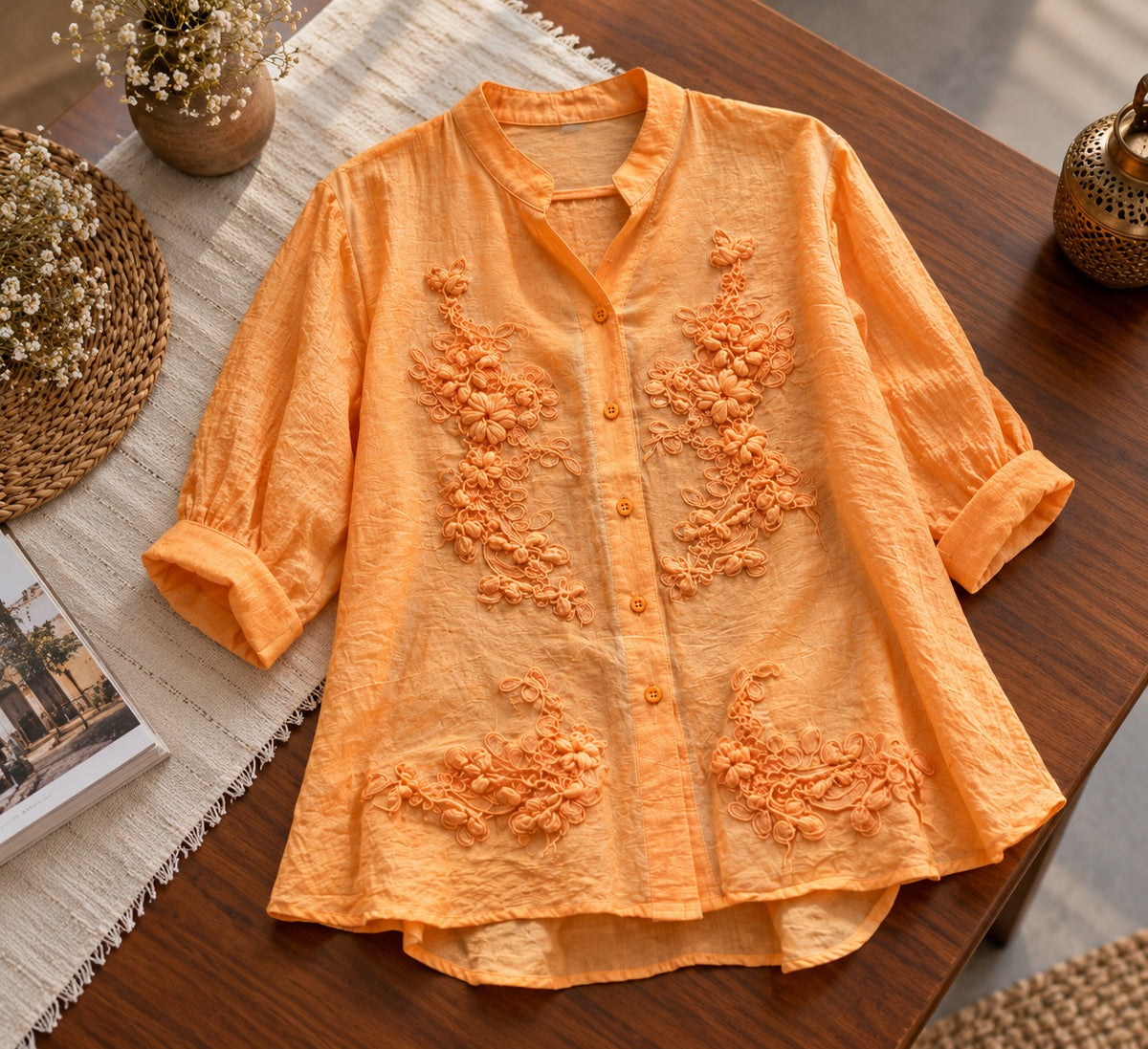 Women's Apricot Peach Crinkle Cotton Shirt with 3D Petal Cluster Embroidery