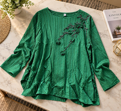 Women's Deep Emerald Green Crinkle Crepe Top with Floral Vine Embroidery