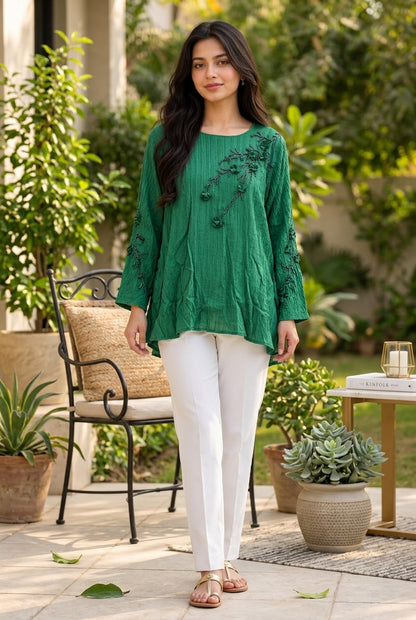 Women's Deep Emerald Green Crinkle Crepe Top with Floral Vine Embroidery