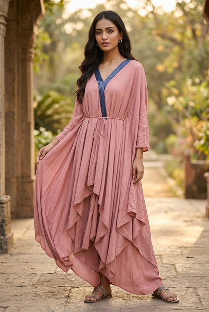 Women's Dusty Rose Draped Handkerchief-Hem Maxi Tunic with Waist Tie