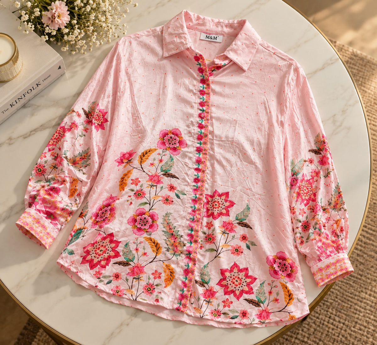 Women's Pastel Pink Button-Down Shirt with Botanical Floral Garden Border