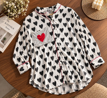 Women's Crisp White Shirt with Black Heart Print & Red Embroidered Pocket