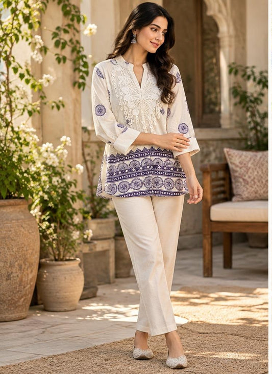 Women’s Ivory White & Navy Blue Embroidered Tunic Top