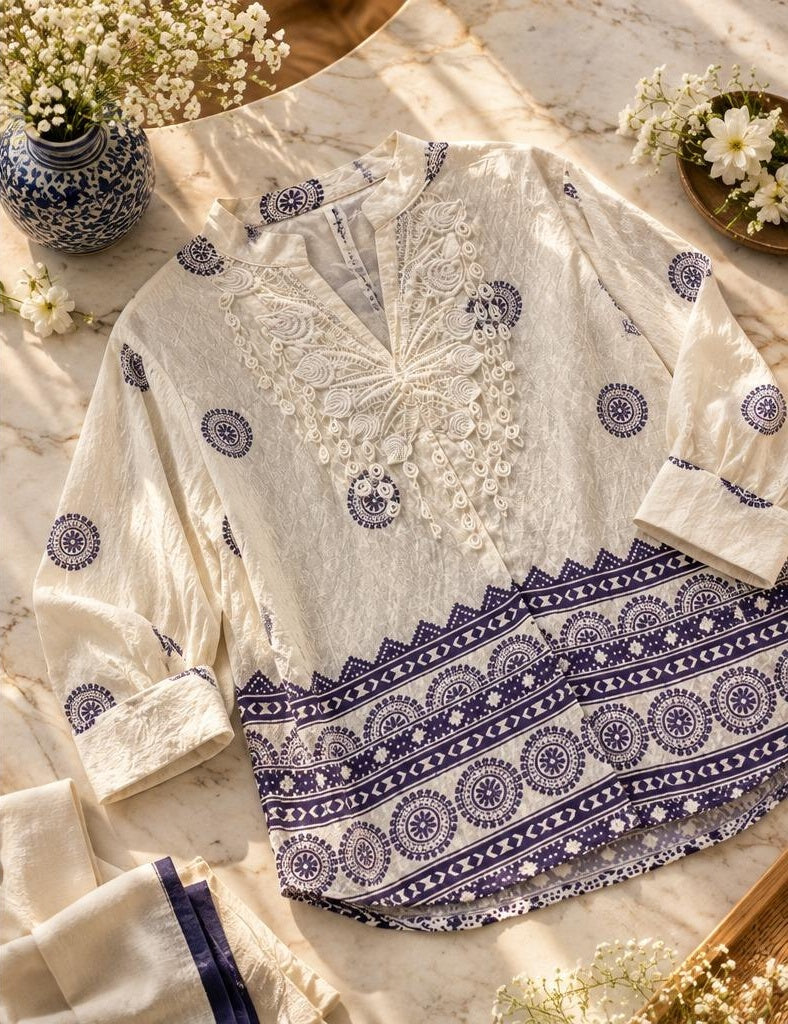 Women’s Ivory White & Navy Blue Embroidered Tunic Top